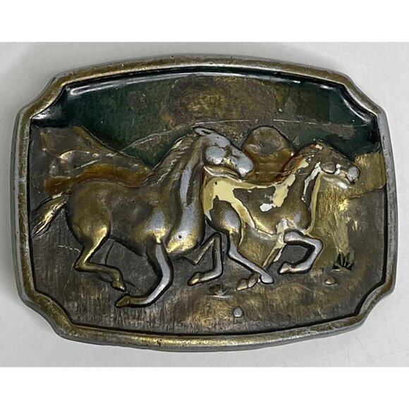 VINTAGE Wild Horses Solid Brass Belt Buckle Enamel U.S.A. Western Rustic Cowboy - Picture 5 of 10